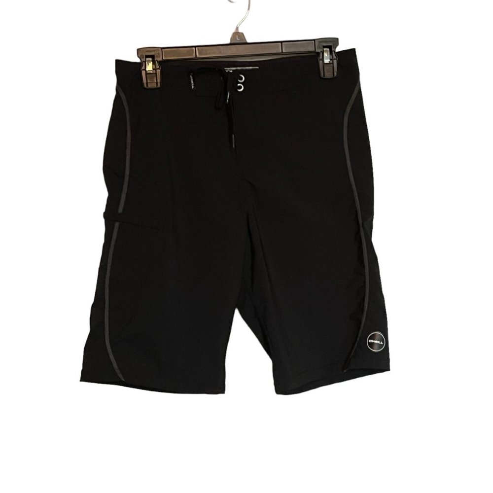 O'Neill Hyper Freak Solid Black/Gray Line Detail Tie Front Board Shorts Size 29